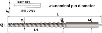 275 UTENSILERIA OSSOLANA Alesatori a macchina in HSSE per fori di spine coniche, con diametro nominale a scelta da Dia. 2mm a Dia. 20mm e taglienti a elica sinistra 25°, conicità 1:50