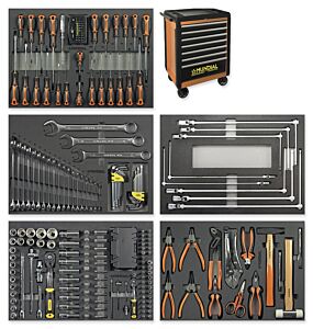 MUNDIAL 1812.355 Carrello arancio completo di 257 utensili professionali con 7 cassetti e piano di lavoro in ABS