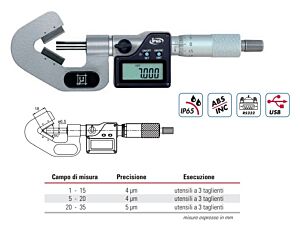 RUPAC C2390415 Serie di micrometri digitali millesimali con incudine a prisma Serie Digitronic per utensili a 3 taglienti, IP65, USB, RS232, Campo di misura a scelta