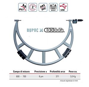 2399570 Micrometro per esterni digitale Serie Digitronic con incudine intercambiabile e avanzamento rapido 600-700mm, IP65, risoluzione 0.001, USB, RS232
