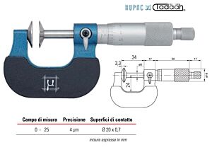 RUPAC 2753025 Micrometro con superfici di contatti a disco centesimale Serie MicroMet, campo di misura 0-25mm