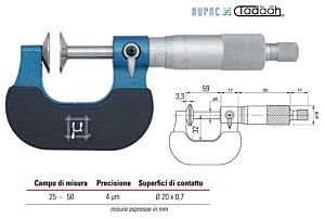 2753050 RUPAC Micrometro con superfici  di contatti a disco centesimale Serie MicroMet, campo di misura 25-50mm