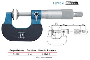 2753200 RUPAC Micrometro con superfici  di contatti a disco centesimale Serie MicroMet, campo di misura 175-200mm