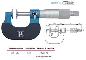 RUPAC 2753250 Micrometro con superfici  di contatti a disco centesimale Serie MicroMet, campo di misura 225-250mm