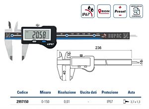 2997150C RUPAC calibro digitale "Alta qualità" serie Digitronic Plus, campo di misura 0-150mm, IP67, risoluzione 0,01 - Con certificato Accredia