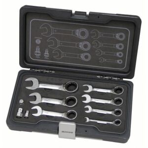 KRAVM E86113 Set mit 7 kurzen Ratschenschlüsseln 8-19 mm und 3 Adaptern 1/2" - 1/4" - 3/8"