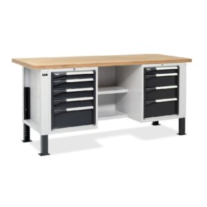 Fami MASTERBR2002 Banco da lavoro WORK MASTER regolabile in altezza con 1 armadio a 4 cassetti, 1 armadio a 5 cassetti e 2 semipiani