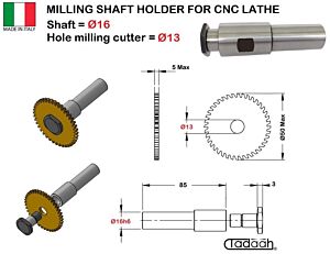 MPF-13-16 Albero portafrese per frese a disco Dia. 16mm da montare su torni CNC con gambo cilindrico Dia. 16mm