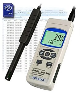 PCE Instruments PCE-313A Termoigrometro, misura umidità e temperatura, memorizza su scheda SD, alimentato a batteria o tramite alimentatore, connessione per termocoppie K