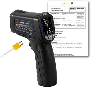 PCE Instruments PCE-675-ICA Pirometro a infrarossi con puntatore laser e ingresso per sonde tipo K, Rapporto di taratura ISO incluso solo per funzione IR