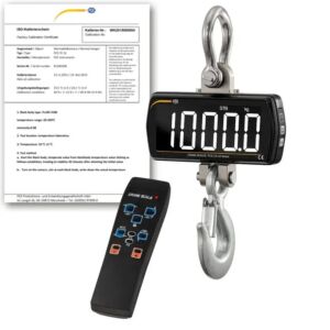 PCE Instruments PCE-CS-1000LD-ICA Bilancia a gancio con telecomando per misura fino a 1.000 kg, struttura metallica resistente, ampio display LCD, funzione somma e taratura ISO inclusa