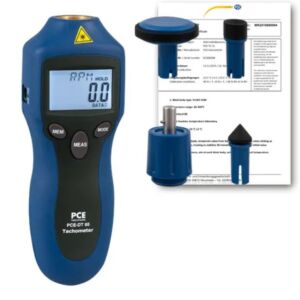 PCE Instruments PCE-DT 65-ICA Tachimetro digitale ad alta precisione con misurazione senza contatto tramite laser o adattatori meccanici, display retroilluminato e rapporto di taratura ISO incluso