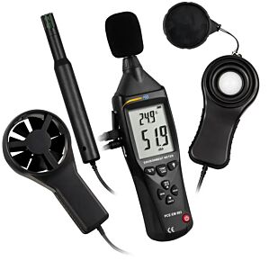 PCE Instruments PCE-EM 883 Multifunction sound level meter measures sound, light, wind, temperature, and humidity with high precision, backlit display, and ergonomic use