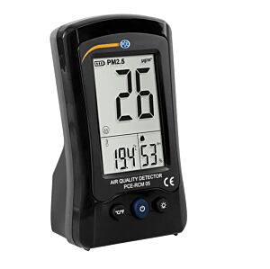 PCE Instruments PCE-RCM 05 PM2.5 particle counter with continuous measurement of temperature and humidity, backlit LCD display, visual alarm, and rechargeable battery via USB port
