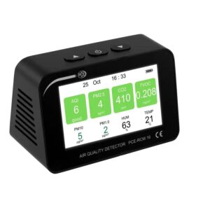 PCE Instruments PCE-RCM 16 Termoigrometro avanzato con display, misura CO2, TVOC, PM1, PM2.5, PM10, temperatura e umidità, struttura metallica robusta e allarme per valori limite