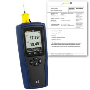 PCE Instruments PCE-T 330-ICA Misuratore di temperatura a 2 canali con alta precisione, memoria di 20.000 valori, lunga autonomia, supporto per termocoppie K, T, J e certificazione ISO