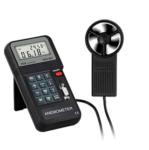 PCE Instruments PCE-007 Flussometro di precisione con memoria e software per misurare velocità del vento, temperatura e portata volumetrica, con interfaccia RS-232 e doppio display