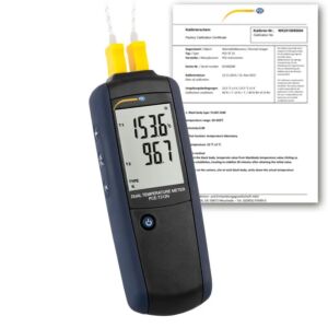 PCE Instruments Termometro digitale a contatto PCE-T312N-ICA con doppio canale T1/T2 per termocoppie K e J, funzione differenziale e display retroilluminato, certificato ISO incluso