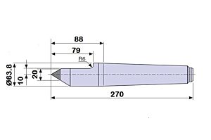 30406 Contropunta fissa tagliata con inserto in WIDIA per rettifica in acciaio interamente temprata, Cono Morse 6 - lunghezza 270mm - Ø63.8