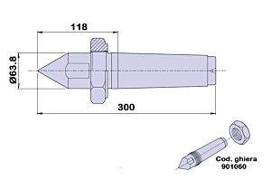 90106 Nuova PTM Contropunta fissa tipo standard in acciaio con filetto T/S, Cono Morse 6 - lunghezza 300mm - Ø63.8
