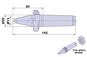 901113 Contropunta tipo PTM fissa, cono morse 3 doppia inclinazione in acciaio - lunghezza 145mm - Ø20