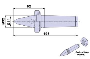 90114 Contropunta tipo PTM fissa, cono morse 4 a doppia inclinazione in acciaio - lunghezza 193mm - Ø32