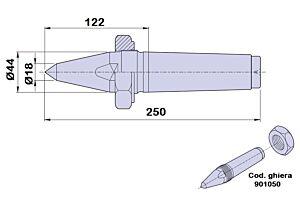 90115 Contropunta tipo PTM fissa, cono morse 5 a doppia inclinazione in acciaio - lunghezza 250mm - Ø44