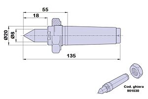 90123 Nuova PTM Contropunta codolo cilindrico in acciaio fissa, cono morse CM3 - lunghezza 135mm - Ø20