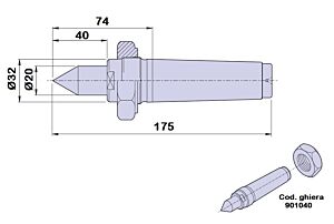 90124 Contropunta tipo PTM codolo cilindrico in acciaio fissa, cono morse 4 - lunghezza 175mm - Ø32
