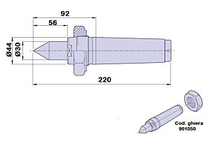 90125 Contropunta tipo PTM codolo cilindrico in acciaio fissa, cono morse 5 - lunghezza 220mm - Ø44