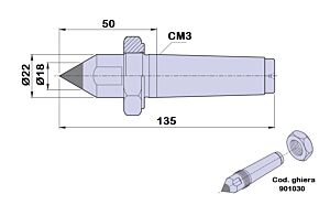 90163 Nuova PTM Contropunta standard fissa in metallo duro, cono morse 3 - lunghezza 135mm - Ø22
