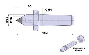90164 Contropunta standard tipo PTM fissa in metallo duro, cono morse 4 - lunghezza 162mm - Ø32