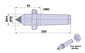 90165 Contropunta standard tipo PTM fissa in metallo duro, cono morse 5 - lunghezza 220mm - Ø44