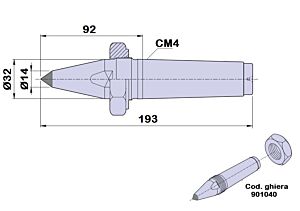 90174 Contropunta tipo PTM fissa doppia inclinazione in metallo duro, cono morse 4 - lunghezza 193mm - Ø32