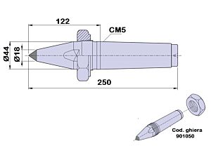 90175 Contropunta tipo PTM fissa doppia inclinazione in metallo duro, cono morse 5 - lunghezza 250mm - Ø44
