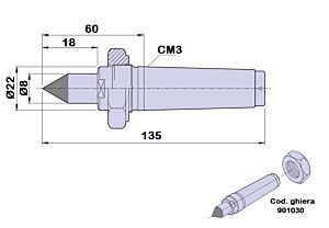90183 Nuova PTM Contropunta fissa, codolo cilindrico con punta in metallo duro, cono morse CM3 - lunghezza 60mm - diametro 22mm