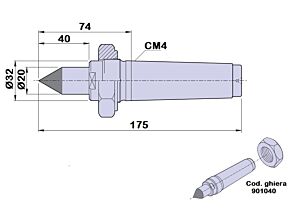 90184 Contropunta tipo PTM fissa, codolo cilindrico con punta in metallo duro, cono morse 4 - lunghezza 175mm - Ø32