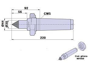 90185 Contropunta tipo PTM fissa, codolo cilindrico con punta in metallo duro, cono morse 5 - lunghezza 220mm - Ø44