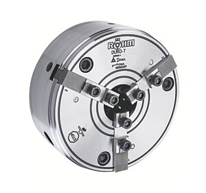RÖHM 437482 Mandrino autocentrante manuale a comando tangenziale serie DURO-T con 3 griffe base e sistema di cambio rapido delle griffe - Diametro esterno 125mm, foro passante 32mm