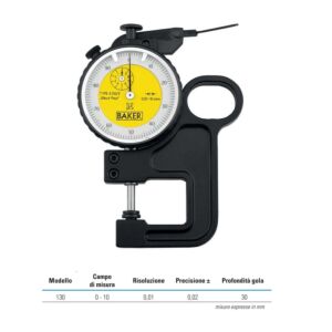 RUPAC 1555131 Spessimetro centesimale analogico rapidio Baker Serie MicroMet PLUS, campo di misura 0-10mm, profondità gola 30mm, precisione ±0,02