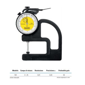 RUPAC 2551383 Spessimetro Baker analogico leggero Serie MicroMet PLUS, campo di misura 0-25mm, profondità gola 50mm, precisione ±0,03