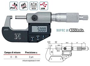 RUPAC 2392025 Micrometro per esterni digitale millesimale USB Serie Digitronic IP54 - Campo di misura 0-25mm