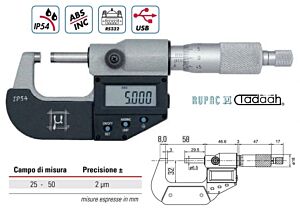 RUPAC 2392050 Micrometro per esterni digitale millesimale USB Serie Digitronic IP54 - Campo di misura 25-50 mm