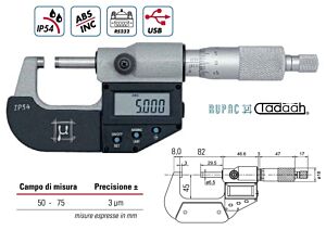 RUPAC 2392075 Micrometro per esterni digitale millesimale USB Serie Digitronic IP54 - Campo di misura 50-75 mm
