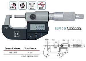 RUPAC 2392175 Micrometro per esterni digitale millesimale USB Serie Digitronic IP54 - Campo di misura 150-175mm