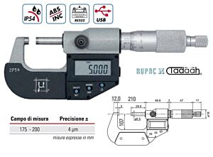 RUPAC 2392200 Micrometro per esterni digitale millesimale USB Serie Digitronic IP54 - Campo di misura 175-200mm