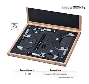 2559100 Assortimento Rupac di 4 Micrometri per esterni + 3 Aste di riscontro in esecuzione di elevata accuratezza Serie MicroMet PLUS, Campo di misura 0-100mm