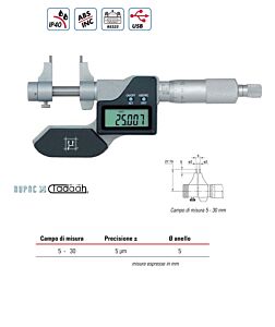 RUPAC 2979030 Micrometro digitale per interni con becchi Serie Digitronic campo di misura 5-30mm, IP40, Uscita dati USB, RS232