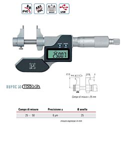 RUPAC 2979050 Micrometro digitale per interni con becchi Serie Digitronic campo di misura 25-50mm, IP40, Uscita dati USB, RS232