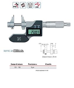 2979150 Micrometro digitale millesimale RUPAC per interni con becchi Serie Digitronic campo di misura 125-150mm, IP40, Uscita dati USB, RS232
